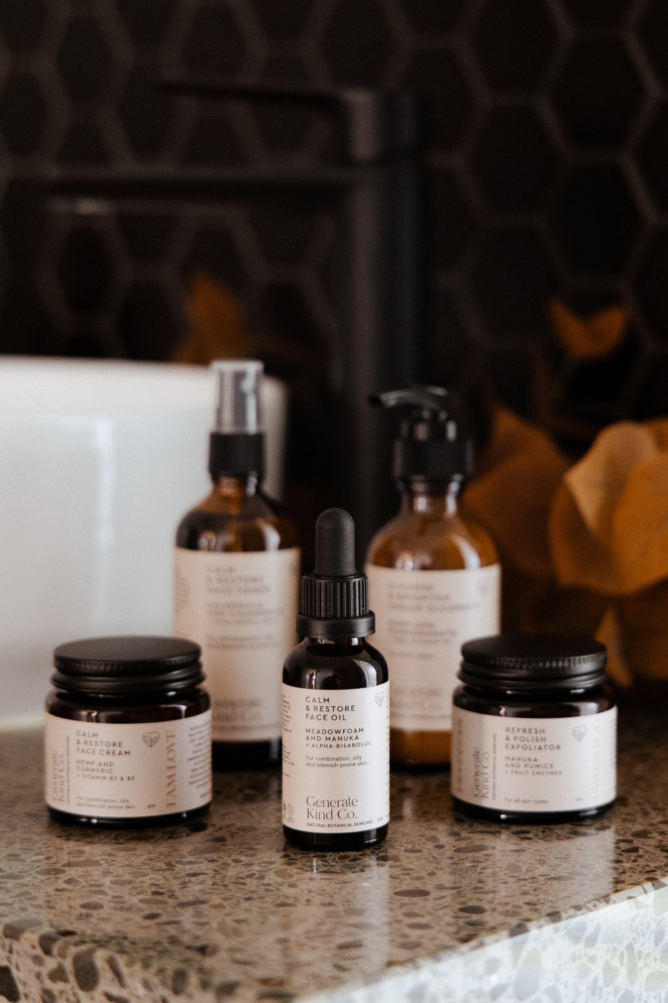 Full Generate Kind Co. Skincare range in bathroom setting