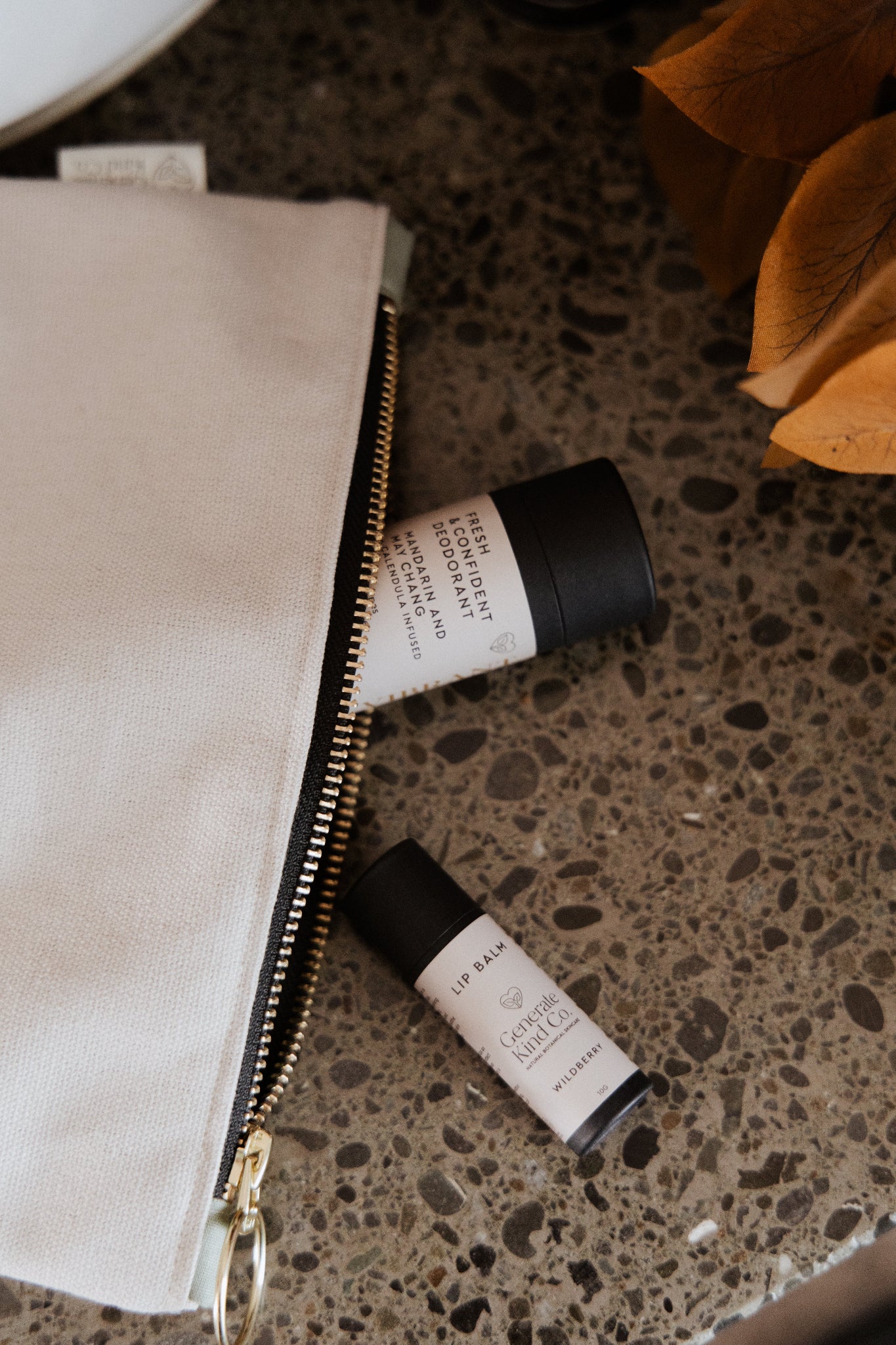 Generate Kind CO. Natural Deodorant and Lip Balm essentials in Handcrafted Canvas natural make up Bag.